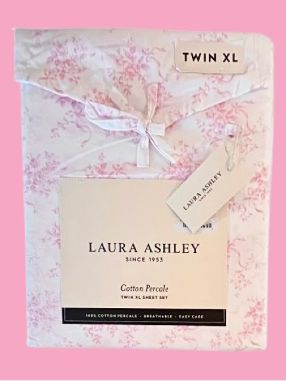 🆕- Laura Ashley Pink Floral Toile Cotton Percale Twin XL Sheet Set
